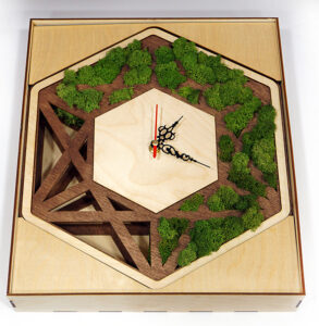 Պատի ժամացույց փայտի և բնական մամուռի համադրությամբ